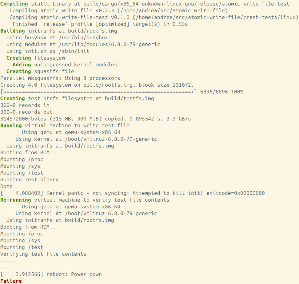 Output showing a failure from the test suite