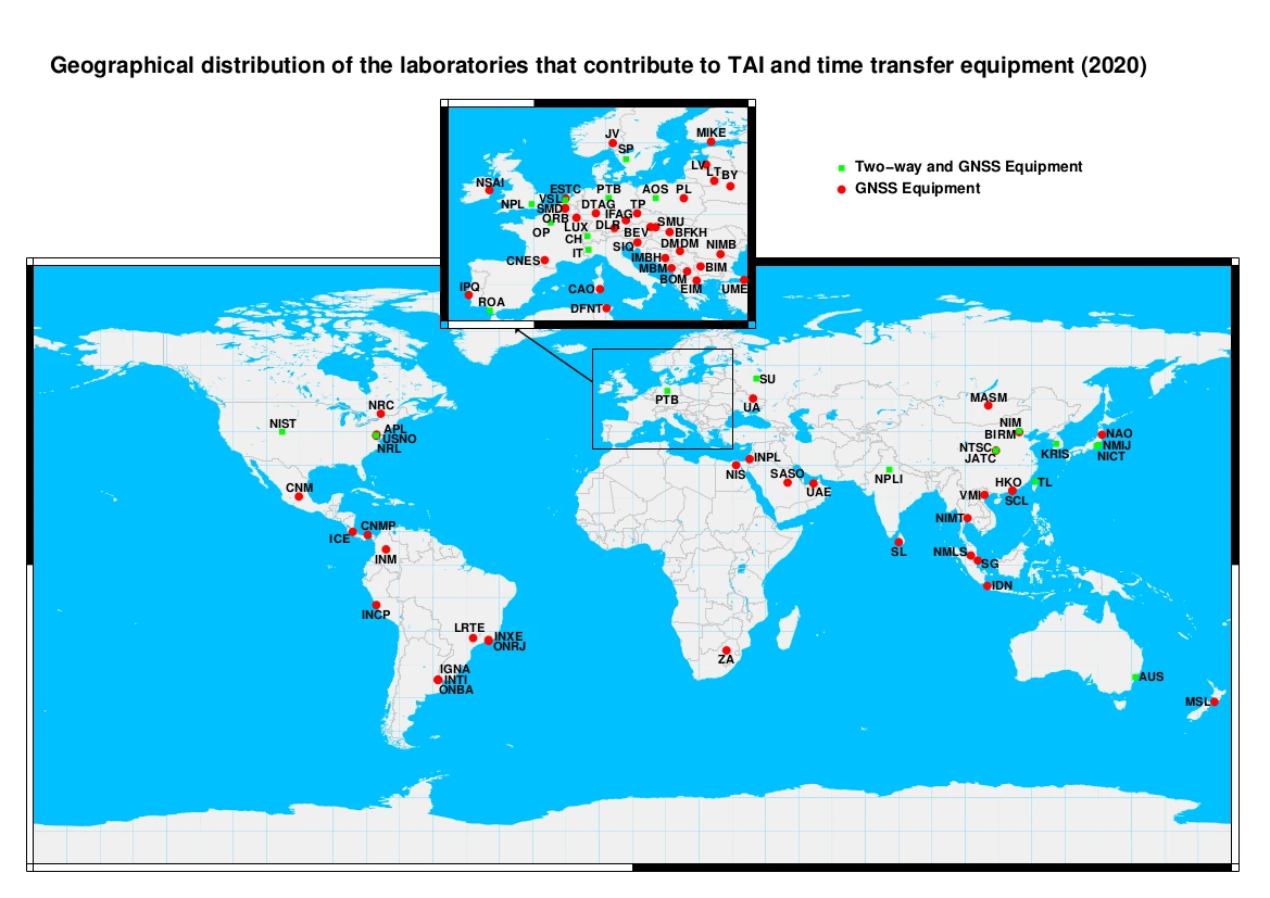 Distribution of the laboratories that contribute to TAI all over the world